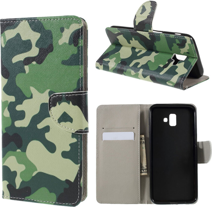 Galaxy J6 Plus beskyttelses deksel av syntetisk skinn med printet mønster og kryss tekstur - kamuflasje mønster