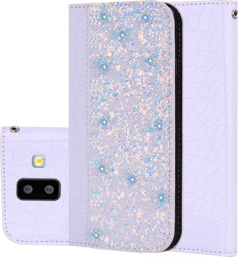 Galaxy J6 Plus beskytttelses deksel av syntetisk skinn med krokodille tekstur og glitter paljetter - lyse lilla