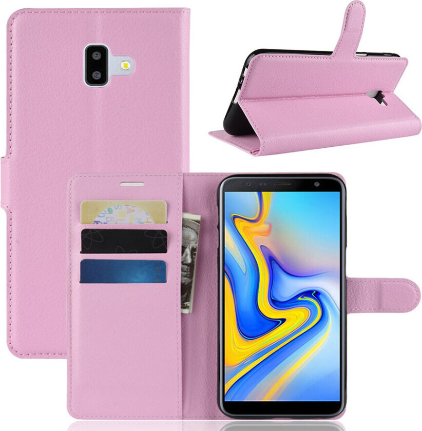 Galaxy J6 Plus beskyttelses deksel av syntetisk skinn med litchi tekstur - rosa