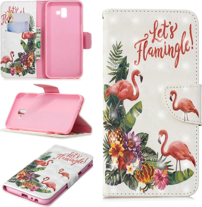 Galaxy J6 Plus beskyttelses deksel av syntetisk skinn med printet mønster og lyse flekker dekor - flamingo