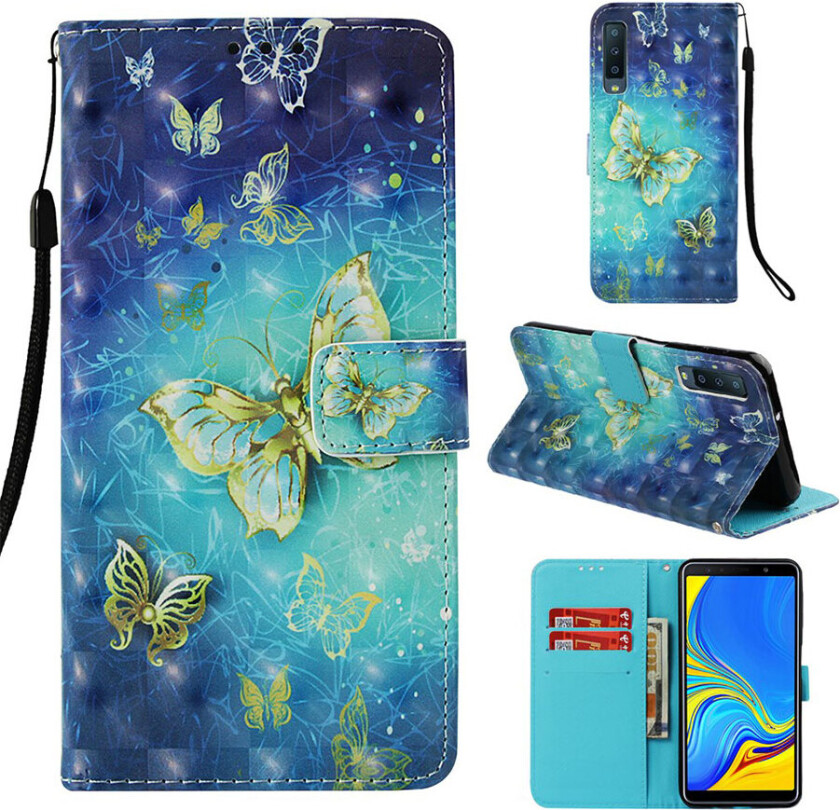Galaxy A7 beskyttelses deksel av syntetisk skinn med lyse flekker dekor og printet mønster - gull og blå sommerfugl