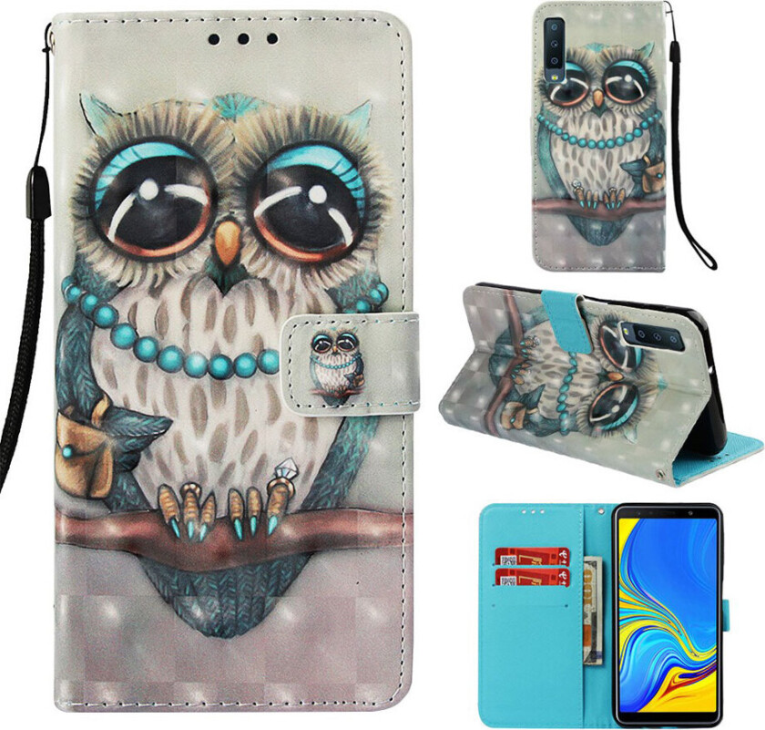 Galaxy A7 beskyttelses deksel av syntetisk skinn med lyse flekker dekor og printet mønster - ugle