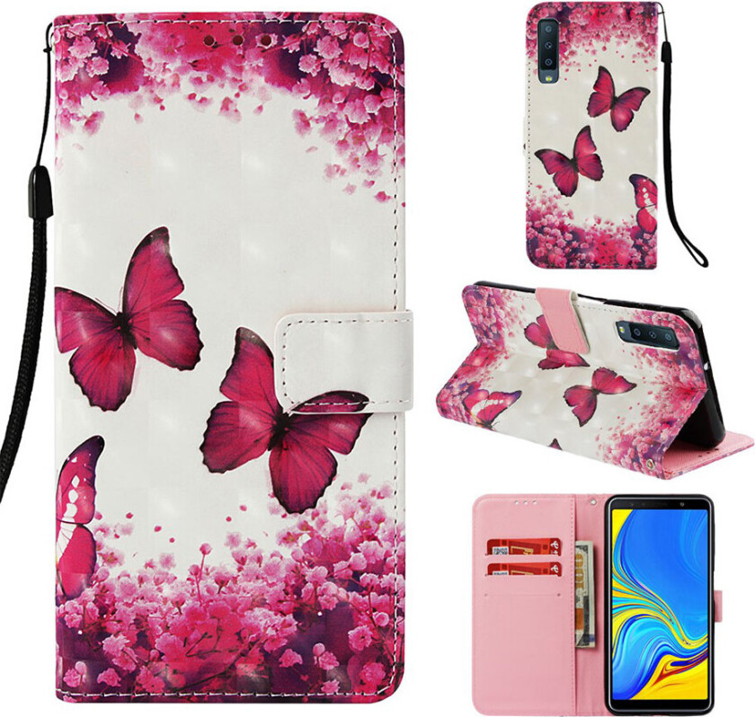 Galaxy A7 beskyttelses deksel av syntetisk skinn med lyse flekker dekor og printet mønster - rød sommerfugl