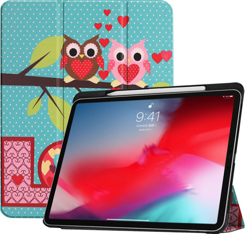 iPad Pro 11 beskyttelses deksel av syntetisk skinn med printet mønster - ugle og hjerter