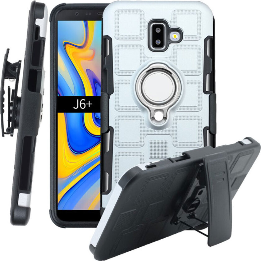 Galaxy J6 Plus beskyttelses deksel av TPU og plastikk med geometrisk mønster og belte klemme skall - sølv