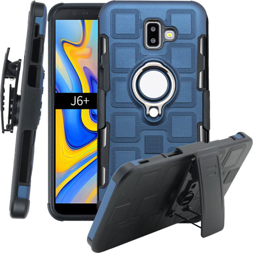 Galaxy J6 Plus beskyttelses deksel av TPU og plastikk med geometrisk mønster og belte klemme skall - mørke blå