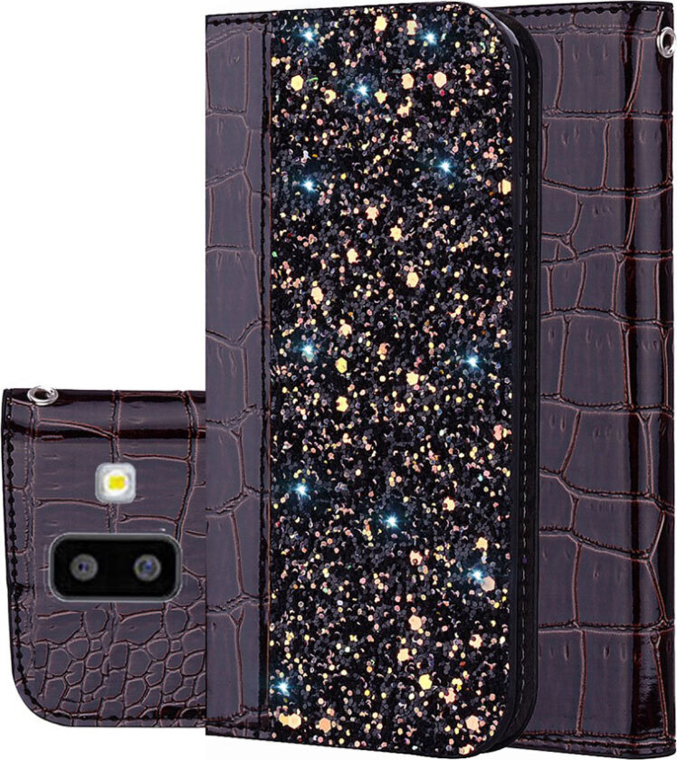 Galaxy J6 Plus beskytttelses deksel av syntetisk skinn med krokodille tekstur og glitter paljetter - svart