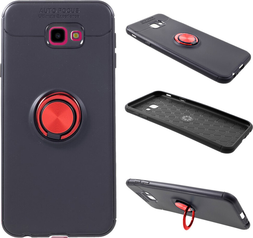 Galaxy J4 Plus beskyttelses deksel av TPU med innebygd finger ring - svart og rød