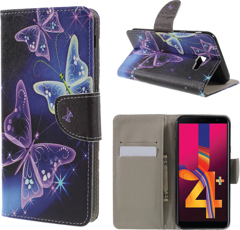 Galaxy J4 Plus beskyttelses deksel av syntetisk skinn med printet mønster og kryss tekstur - livlige sommerfugler