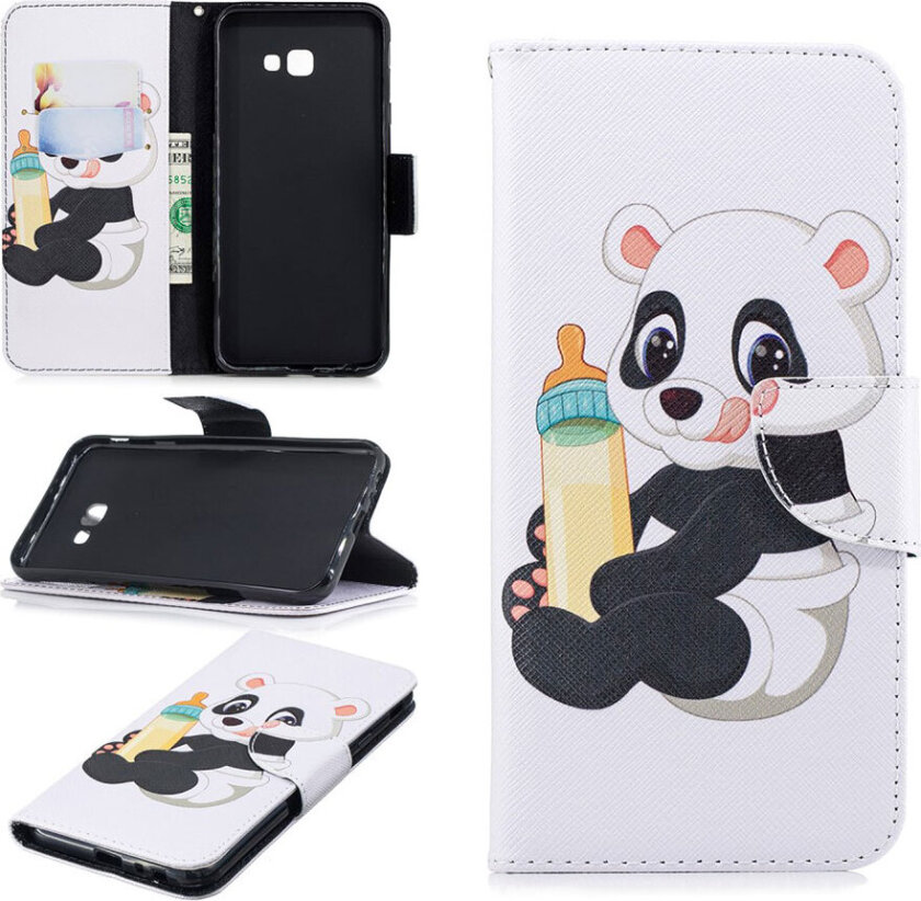 Galaxy J4 Plus beskyttelses deksel av syntetisk skinn med printet mønster - panda holder flaske