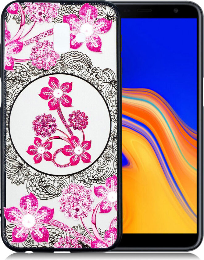 Galaxy J6 Plus beskyttelses deksel av TPU og plastikk med hevet printet brodert mønster - rosa blomster