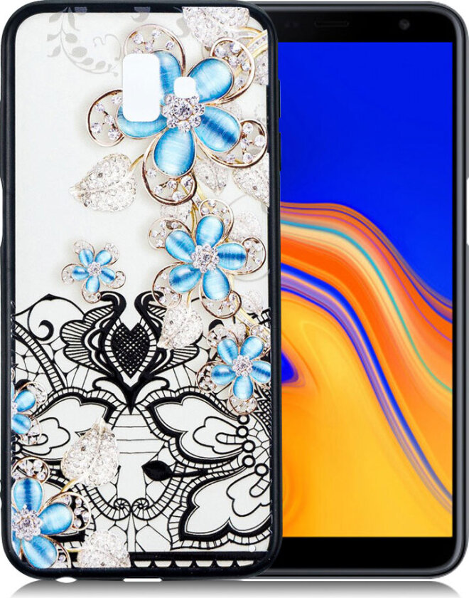 Galaxy J6 Plus beskyttelses deksel av TPU og plastikk med hevet printet brodert mønster - blå blomst