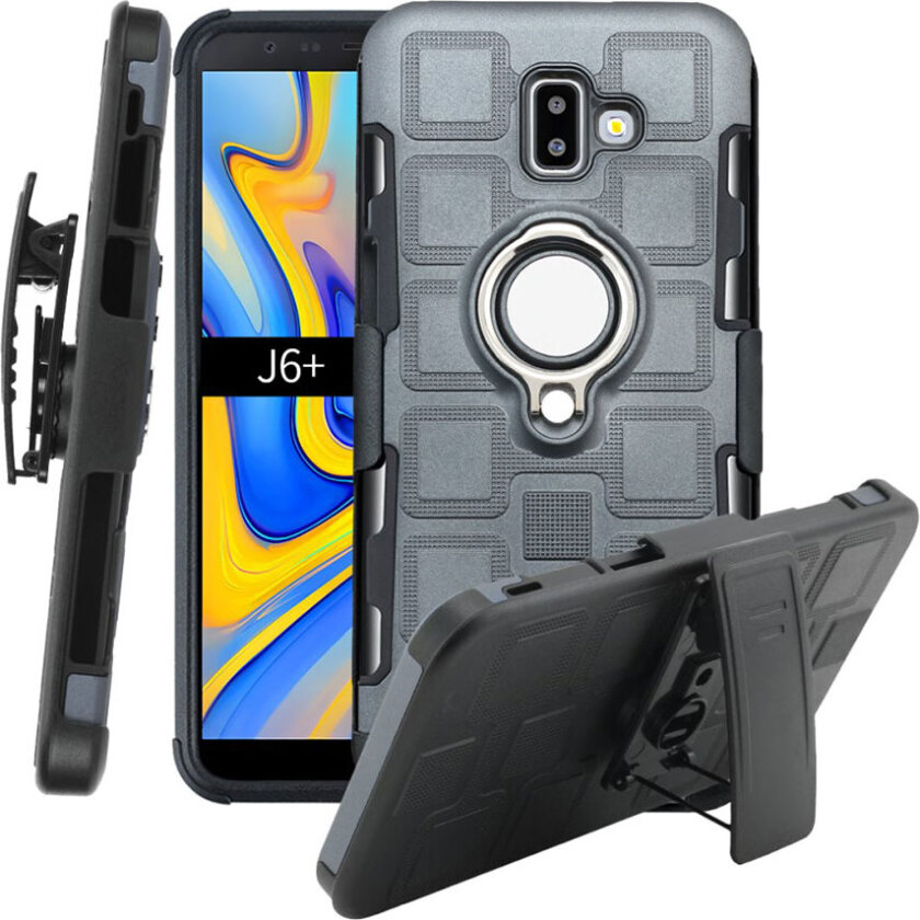 Galaxy J6 Plus beskyttelses deksel av TPU og plastikk med geometrisk mønster og belte klemme skall - grå