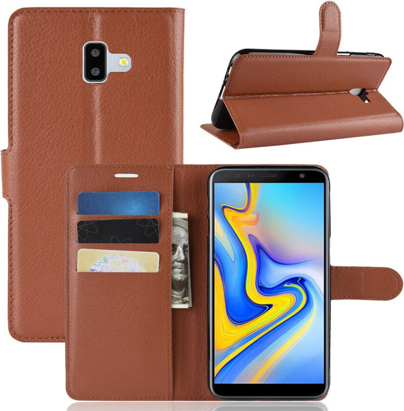 Galaxy J6 Plus beskyttelses deksel av syntetisk skinn med litchi tekstur - brun