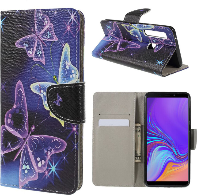 Galaxy A9 beskyttelses deksel av syntetisk skinn med printet mønster og kryss tekstur - sommerfugler mønster