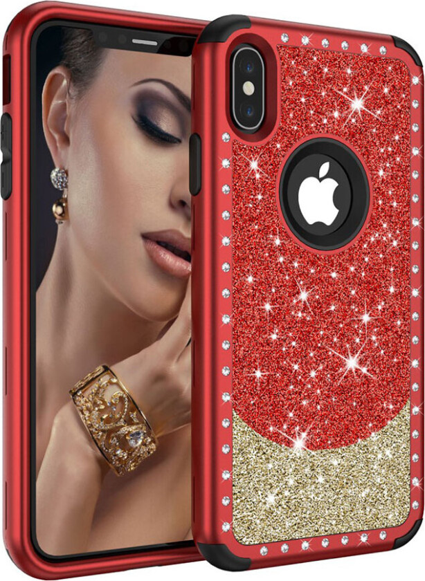 iPhone Xs Max beskyttelses deksel av plastikk og silikon med diamant dekor og glitter - rød og gull