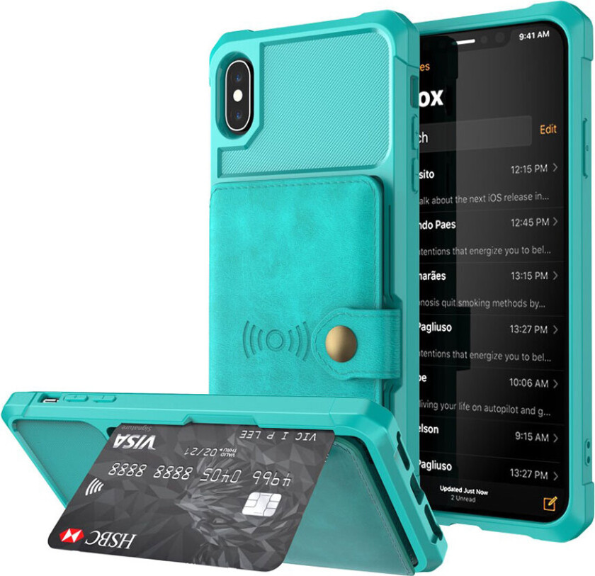 iPhone XS beskyttelses deksel av TPU og syntetisk skinn med lommebok - turkis