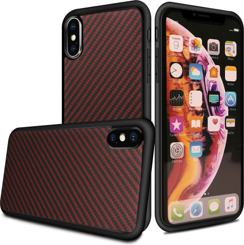 iPhone XS beskyttelses deksel av TPU med karbon fiber tekstur - rød