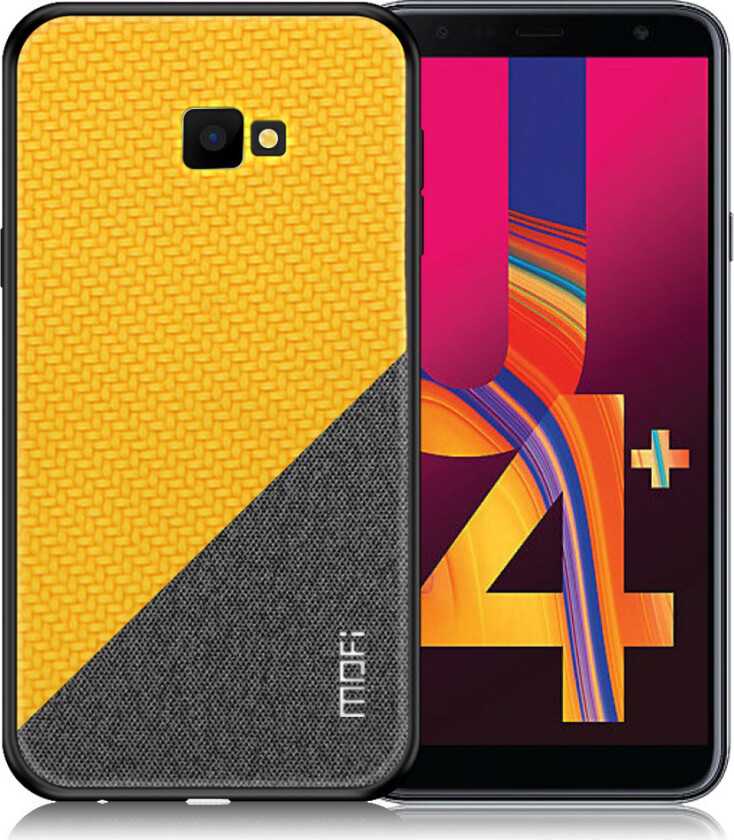 MOFI Samsung Galaxy J4 Plus beskyttelses deksel av hybrid materiale med to fargers design - gul