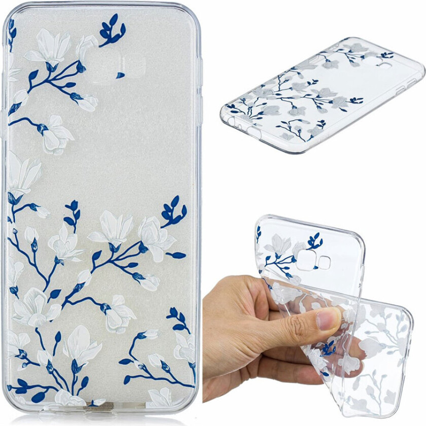 Galaxy J4 Plus beskyttelses deksel av TPU med hevet printet mønster - hvit blomst
