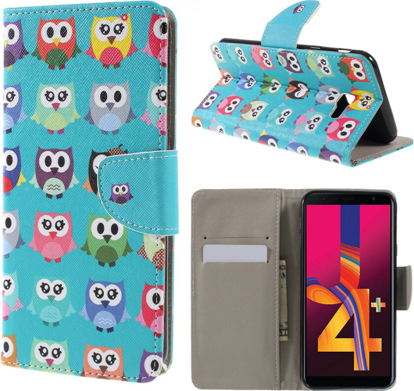Galaxy J4 Plus beskyttelses deksel av syntetisk skinn med printet mønster og kryss tekstur - mange ugler