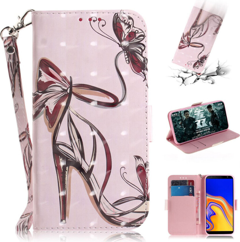 Galxy J4 Plus beskyttelses deksel av syntetisk skinn med lyse flekker dekor og printet mønster - høy hæl sandal