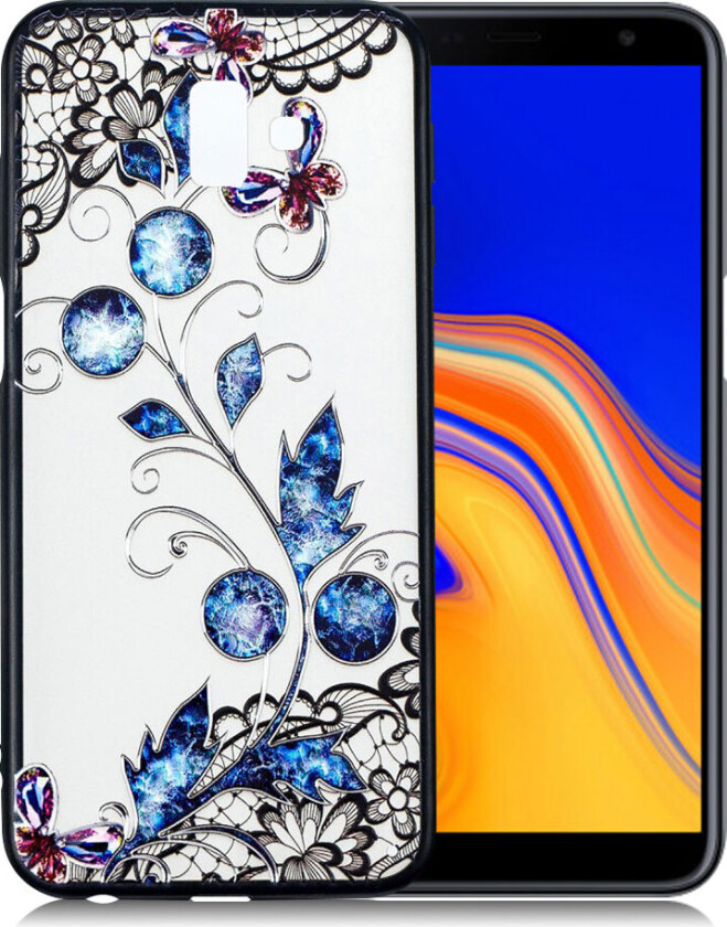 Galaxy J6 Plus beskyttelses deksel av TPU og plastikk med hevet printet brodert mønster - sommerfugl og blomst
