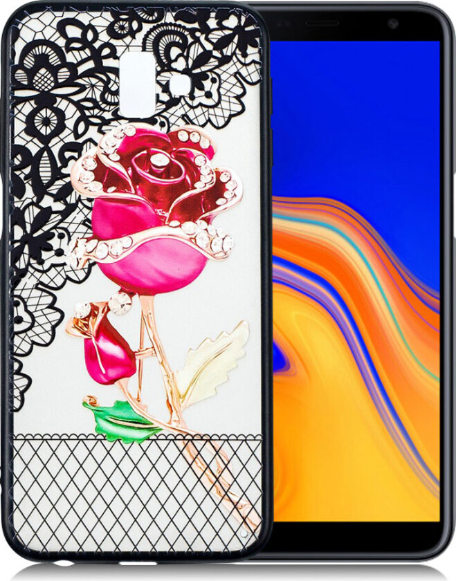 Galaxy J6 Plus beskyttelses deksel av TPU og plastikk med hevet printet brodert mønster - rose