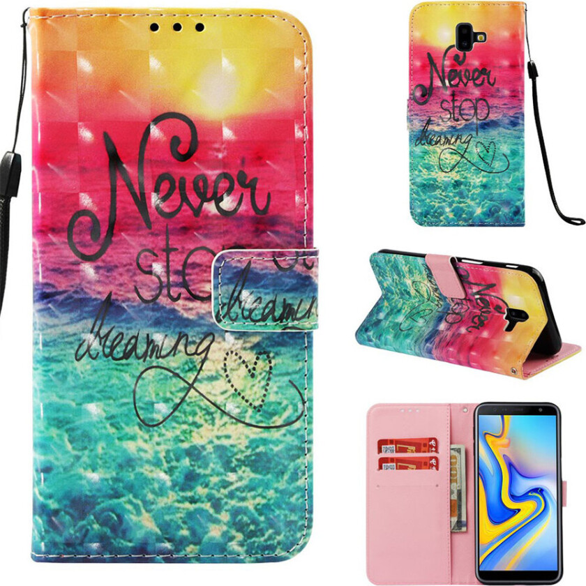 Galaxy J6 Plus beskyttelses deksel av syntetisk skinn med printet mønster og lyse flekker dekor - aldri stopp å drøm