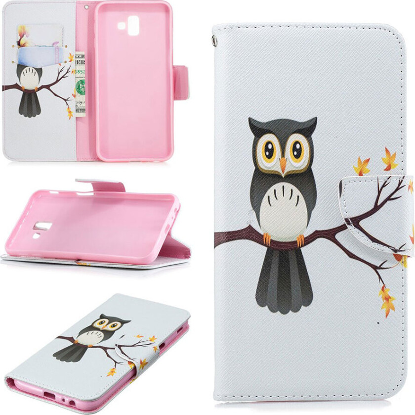Galaxy J6 Plus beskyttelses deksel av syntetisk skinn med printet mønster - ugle på grein