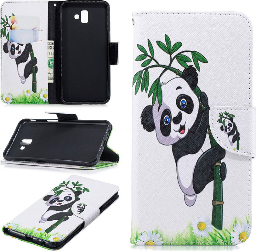 Galaxy J6 Plus beskyttelses deksel av syntetisk skinn med printet mønster - panda på bambus