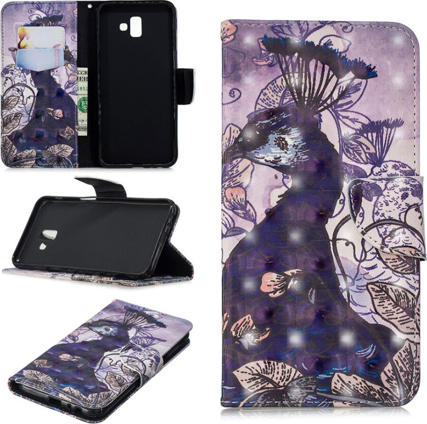 Galaxy J6 Plus beskyttelses deksel av syntetisk skinn med printet mønster og lyse flekker dekor - påfugl