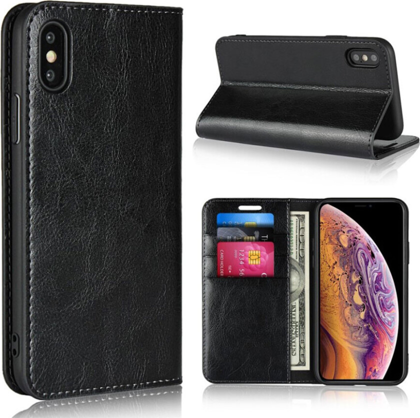 iPhone XS beskyttelses deksel av ekte skinn med vill hest tekstur - svart