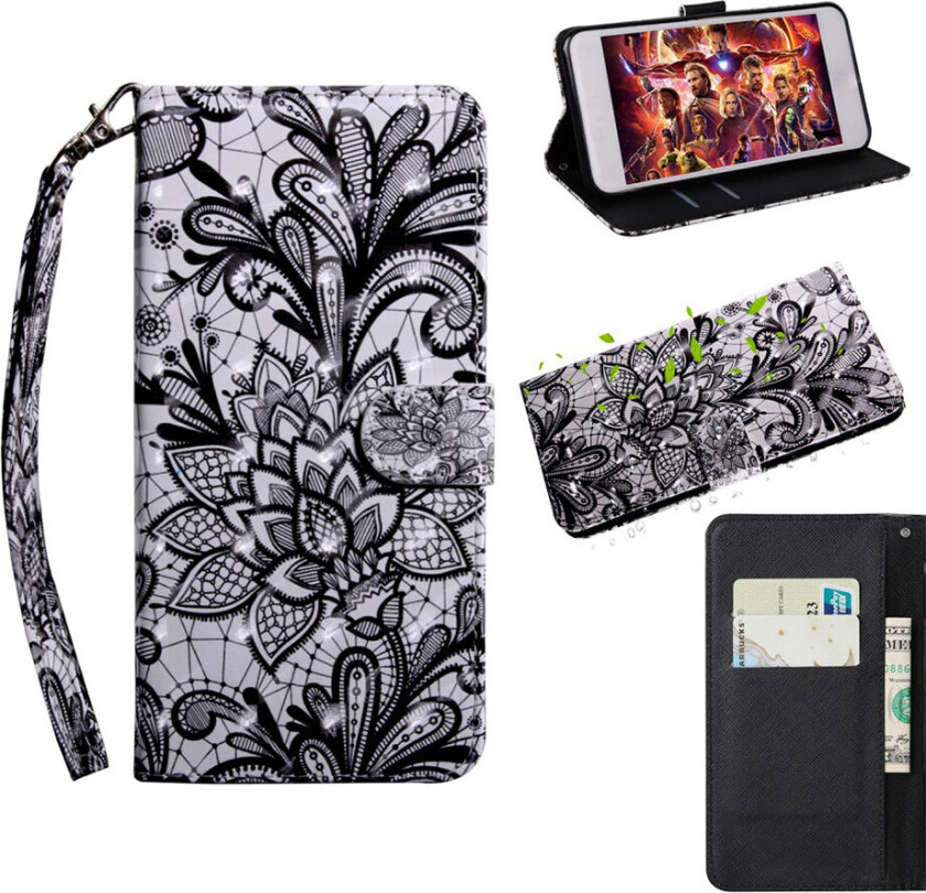 Galaxy A9 beskyttelses deksel av syntetisk skinn med lyse flekker dekor og printet mønster - lace blomst