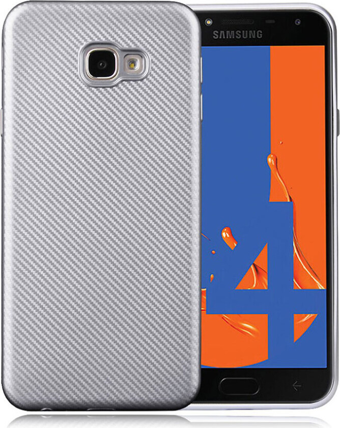 Galaxy J4 Plus beskyttelses deksel av TPU med karbon fiber tekstur - sølv