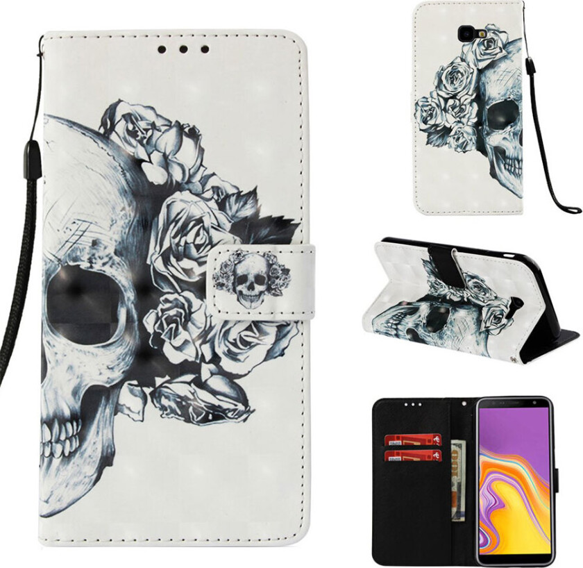 Galaxy J4 Plus beskyttelses deksel av syntetisk skinn med lyse flekker dekor og printet mønster - blomstrende hodeskalle