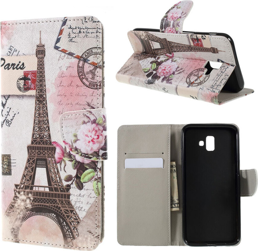 Galaxy J6 Plus beskyttelses deksel av syntetisk skinn med printet mønster og kryss tekstur - eiffel tårn