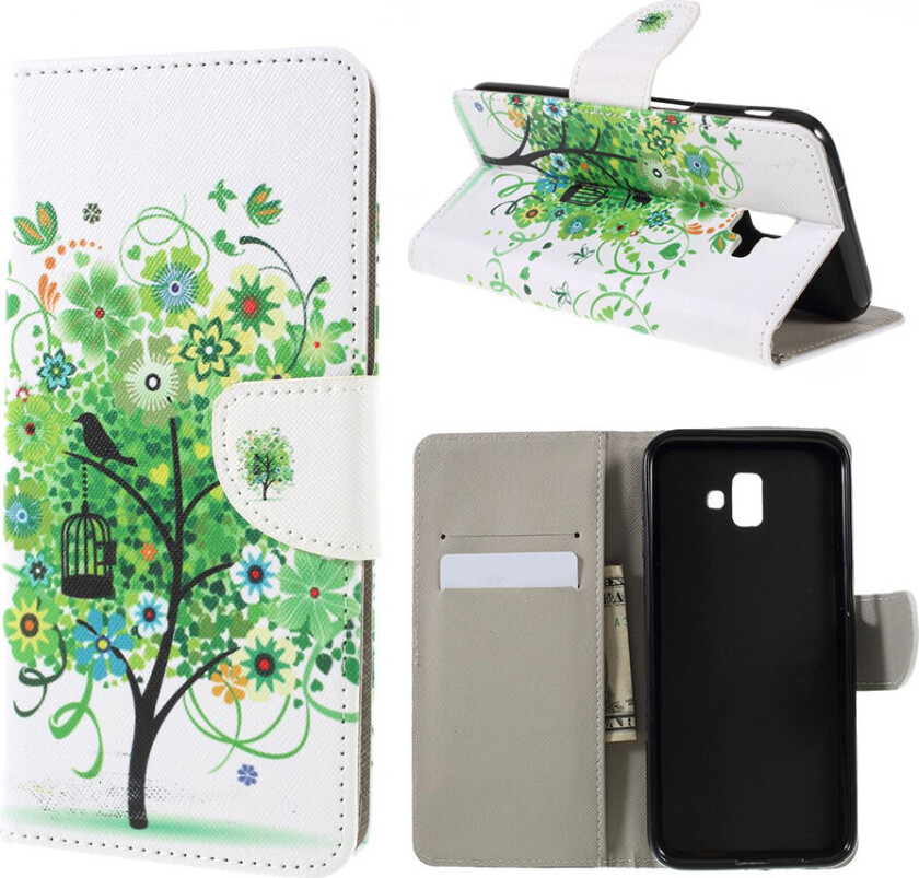 Galaxy J6 Plus beskyttelses deksel av syntetisk skinn med printet mønster og kryss tekstur - grønnt tre