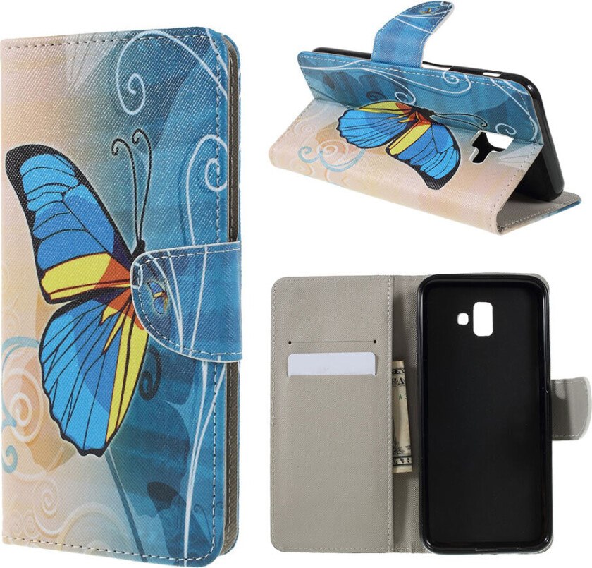 Galaxy J6 Plus beskyttelses deksel av syntetisk skinn med printet mønster og kryss tekstur - blå sommerfugl