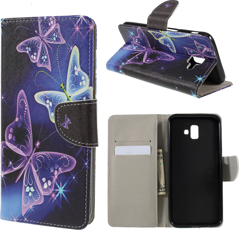 Galaxy J6 Plus beskyttelses deksel av syntetisk skinn med printet mønster og kryss tekstur - sommerfugler mønster