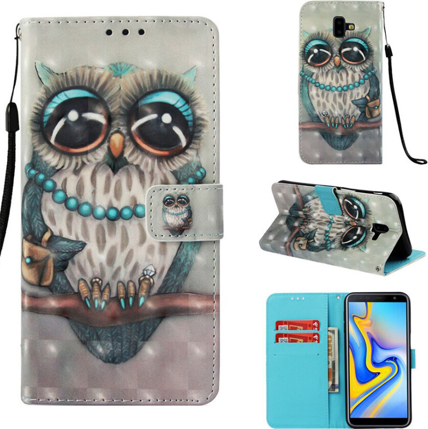 Galaxy J6 Plus beskyttelses deksel av syntetisk skinn med printet mønster og lyse flekker dekor - ugle står på en grein