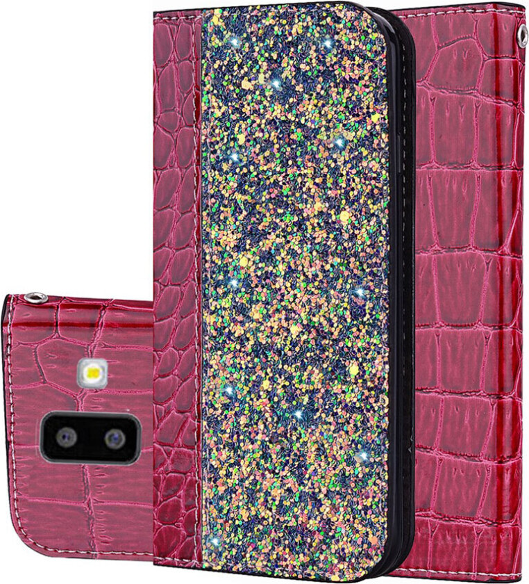 Galaxy J6 Plus beskytttelses deksel av syntetisk skinn med krokodille tekstur og glitter paljetter - rød