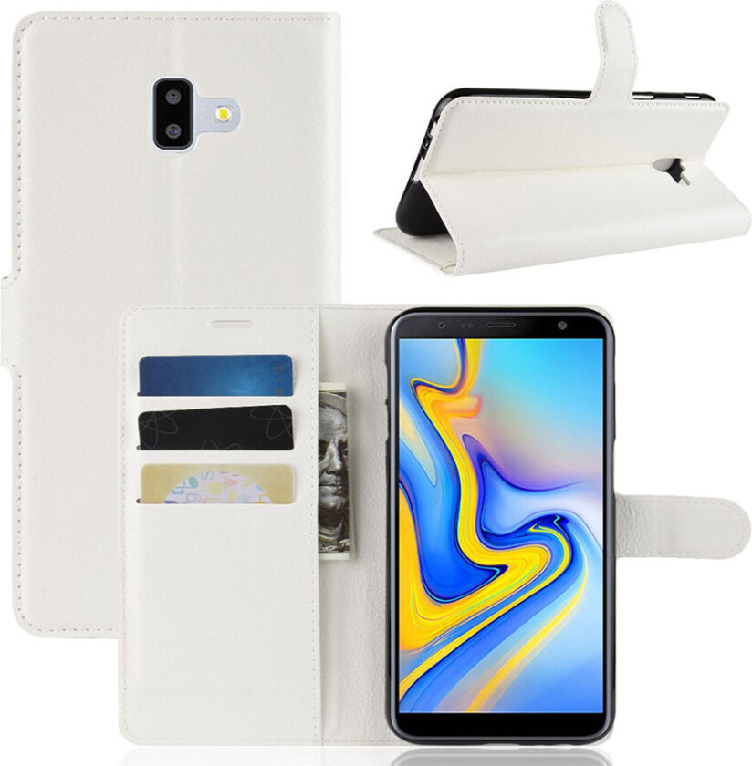 Galaxy J6 Plus beskyttelses deksel av syntetisk skinn med litchi tekstur - hvit
