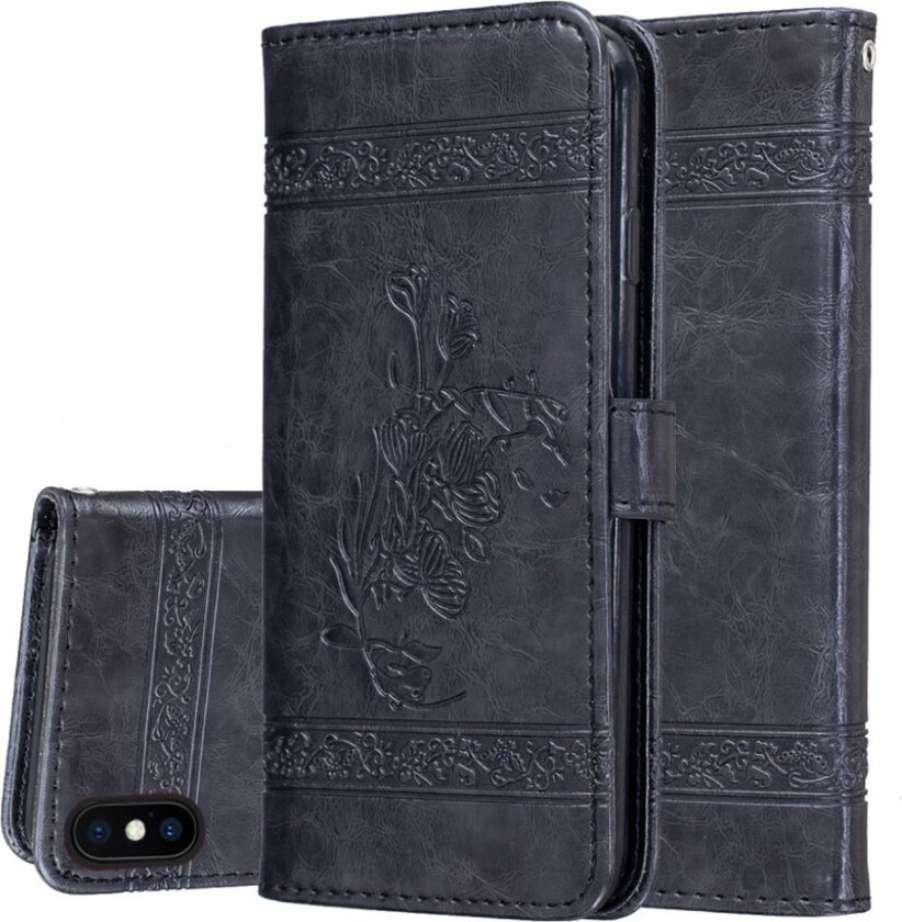 iPhone Xs Max beskyttelses deksel av syntetisk skinn med blomster avtrykk som er olje voks behandlet - svart