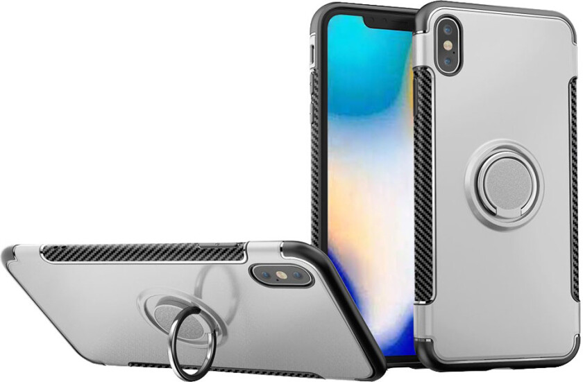 iPhone Xs Max beskyttelses deksel av plastikk og TPU med karbon fiber tekstur - sølv