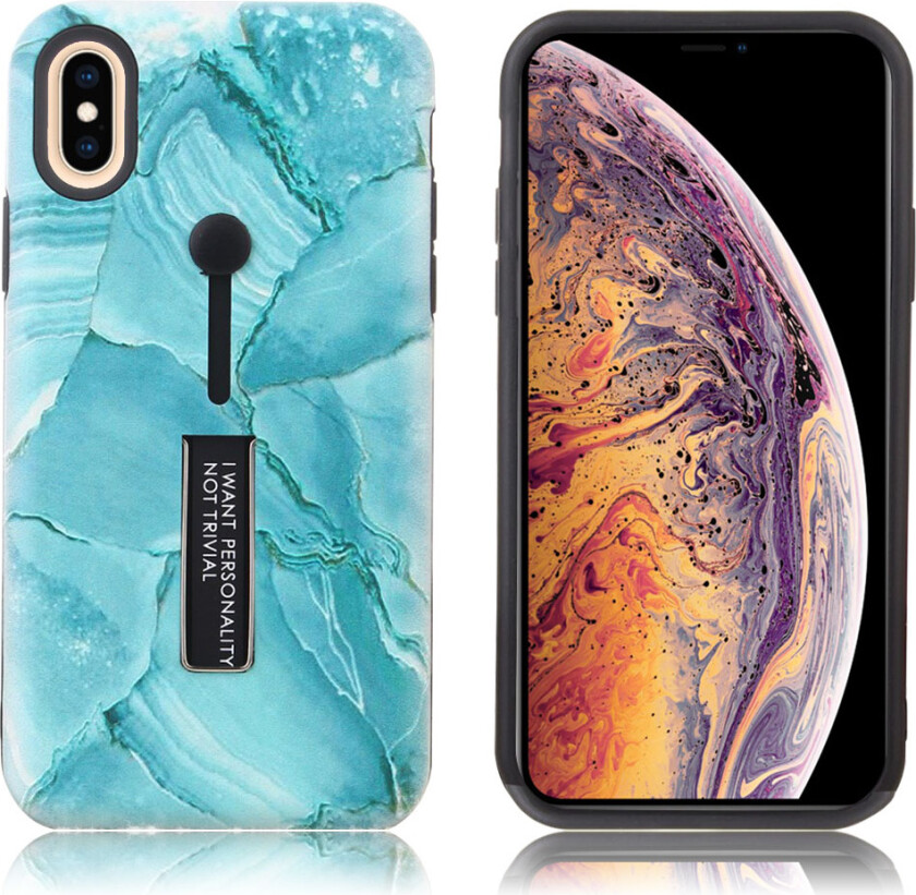 iPhone Xs Max beskyttelses deksel av plastikk og TPU med hevet marmor printet mønster - blå