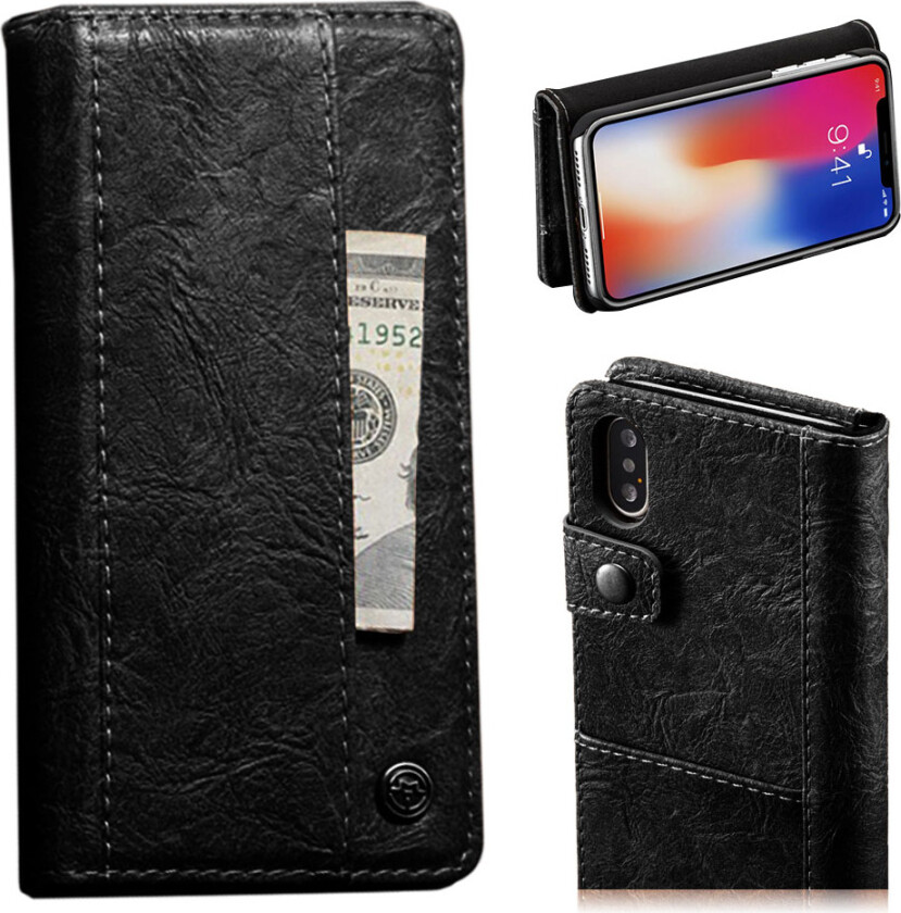 CASEME iPhone Xs Max beskyttelses deksel av syntetisk skinn med vintage stil - svart