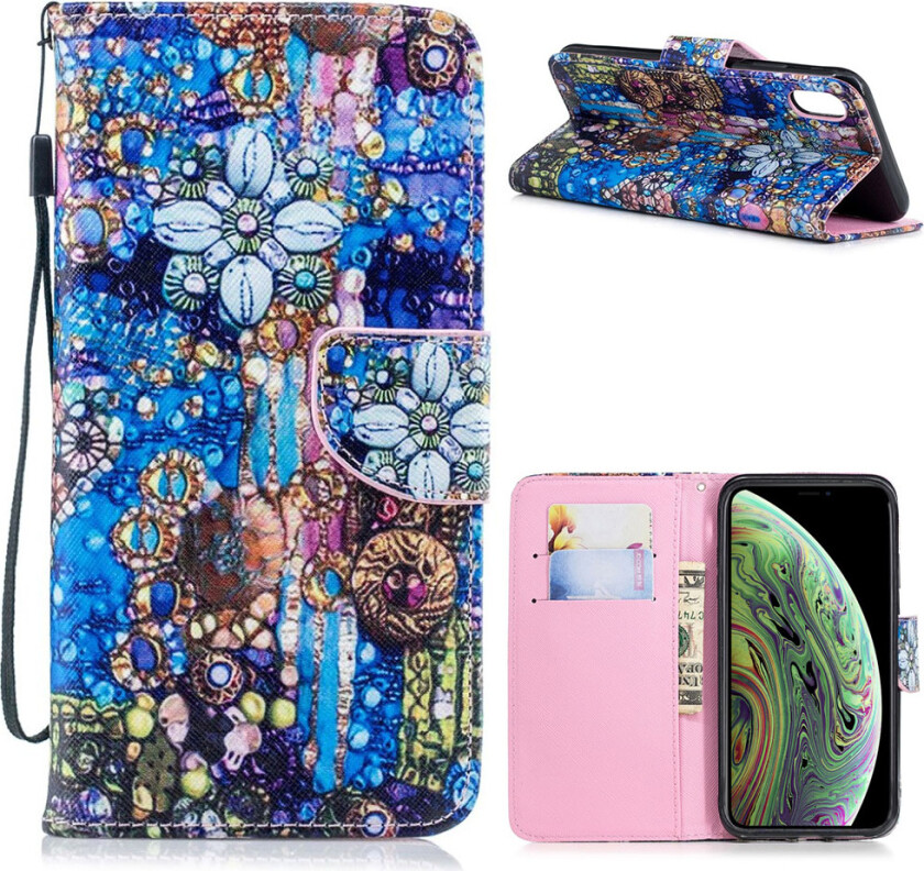 iPhone Xs Max beskyttelses deksel av syntetisk skinn med printet mønster og kryss tekstur - abstrakt maleri