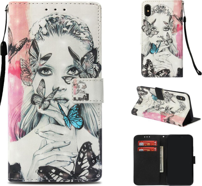 iPhone Xs Max beskyttelses deksel av syntetisk skinn med printet mønster - vakker jente og sommerfugl