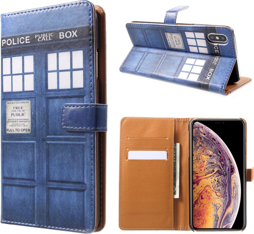 iPhone Xs Max beskyttelses deksel av syntetisk skinn med printet mønster - offentlig politi telefon kiosk